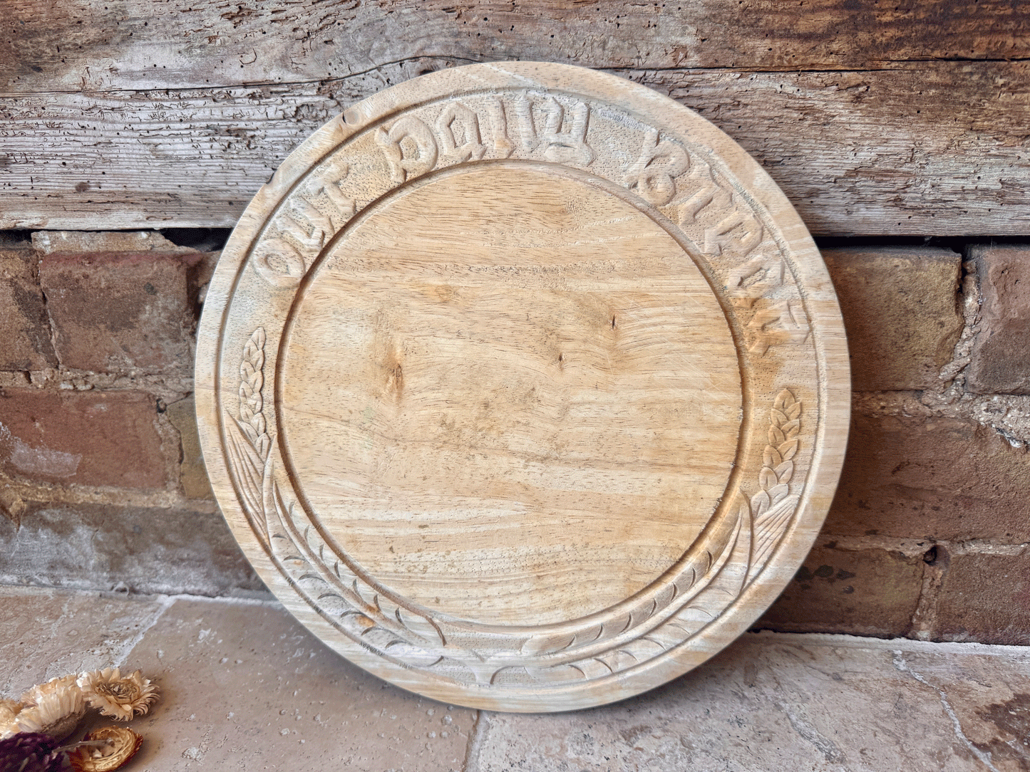vintage english carved wooden treen breadboard motto our daily bread wheat ears