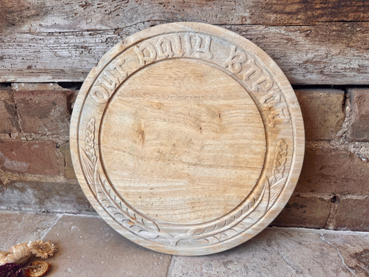 vintage english carved wooden treen breadboard motto our daily bread wheat ears