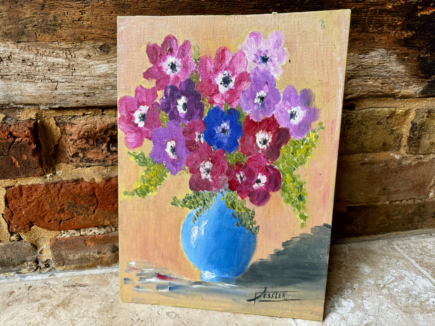 antique vintage french painting gouache canvas still lie flowers in vase