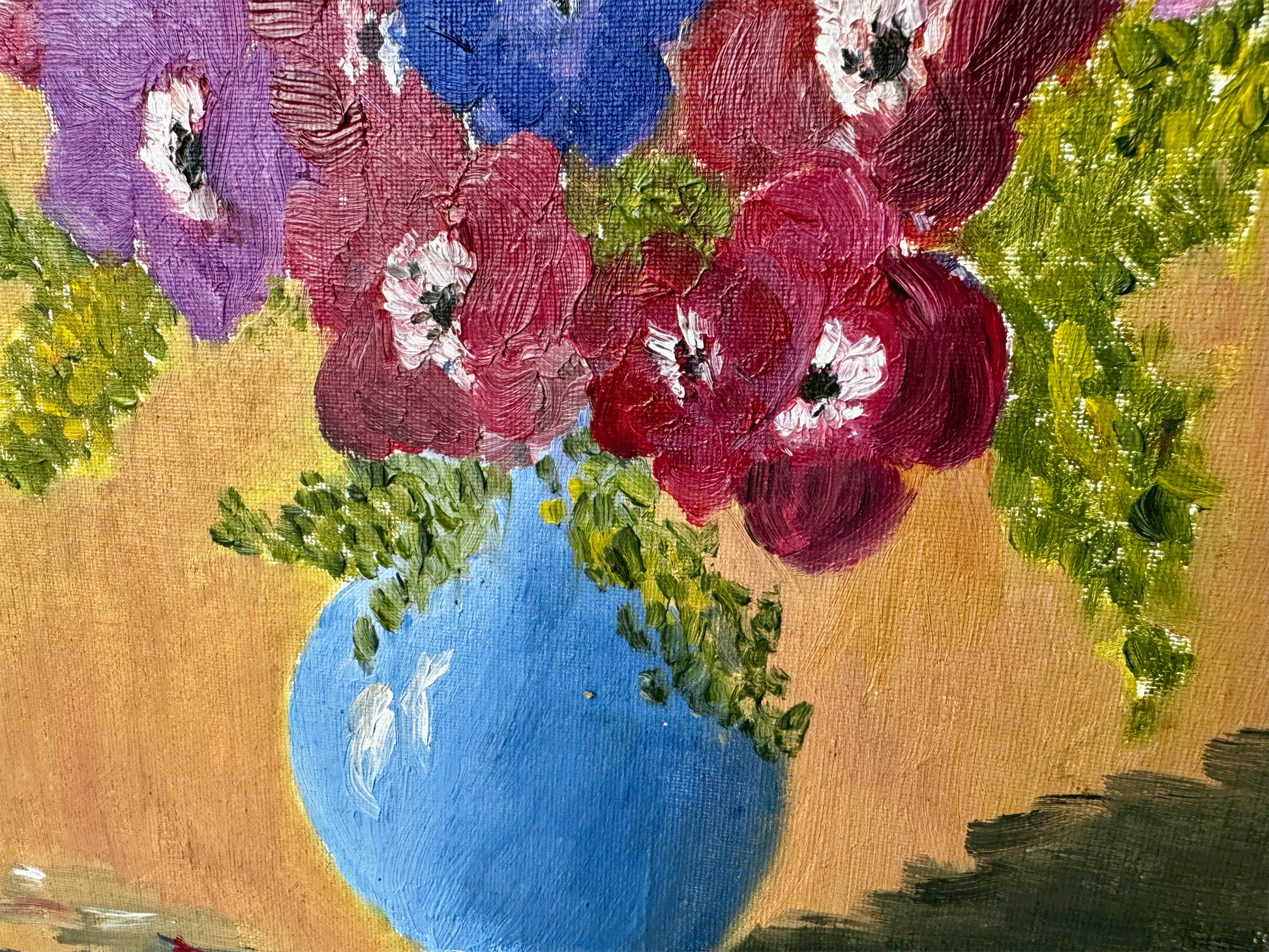 antique vintage french painting gouache canvas still lie flowers in vase