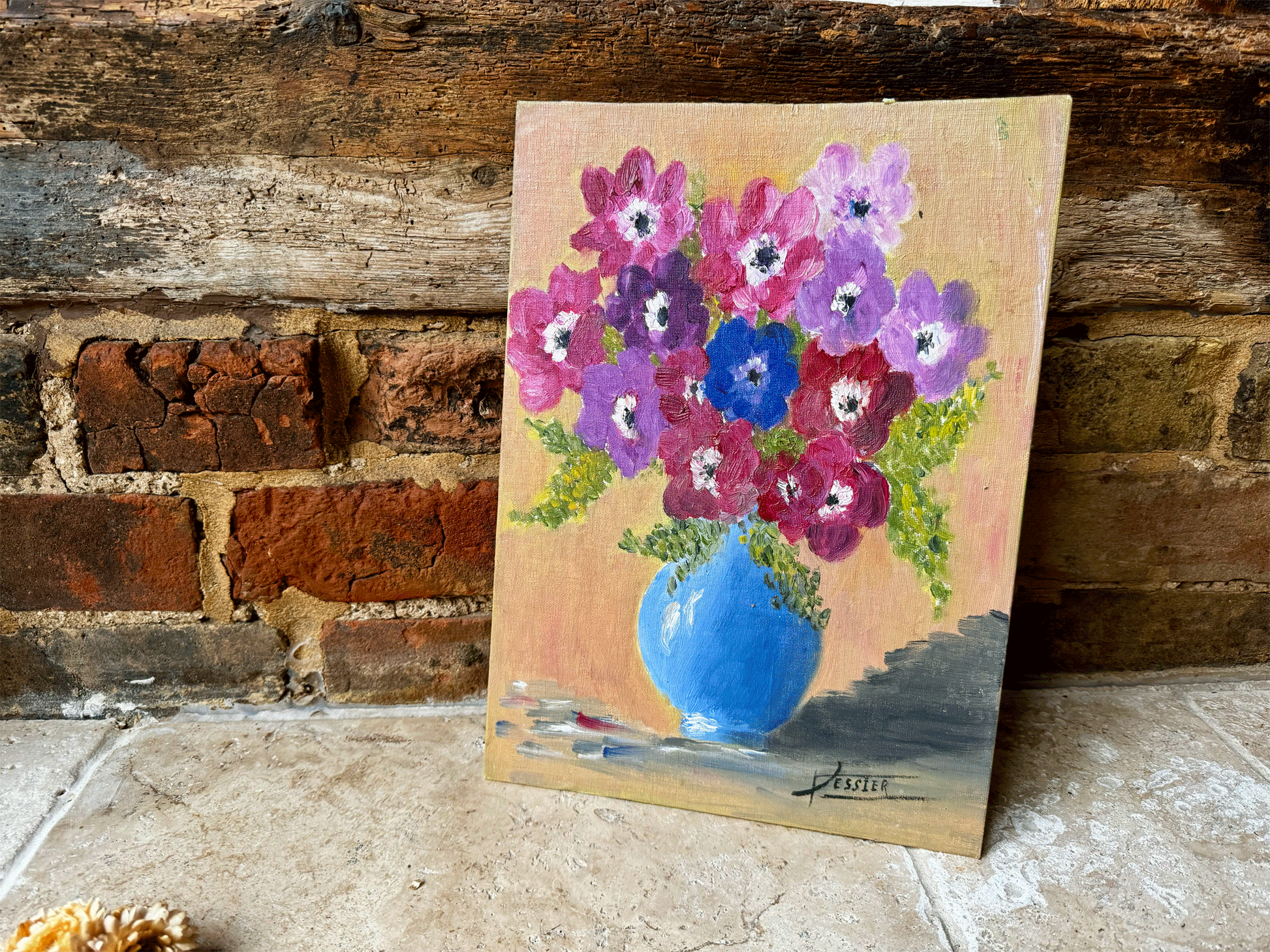 antique vintage french painting gouache canvas still lie flowers in vase