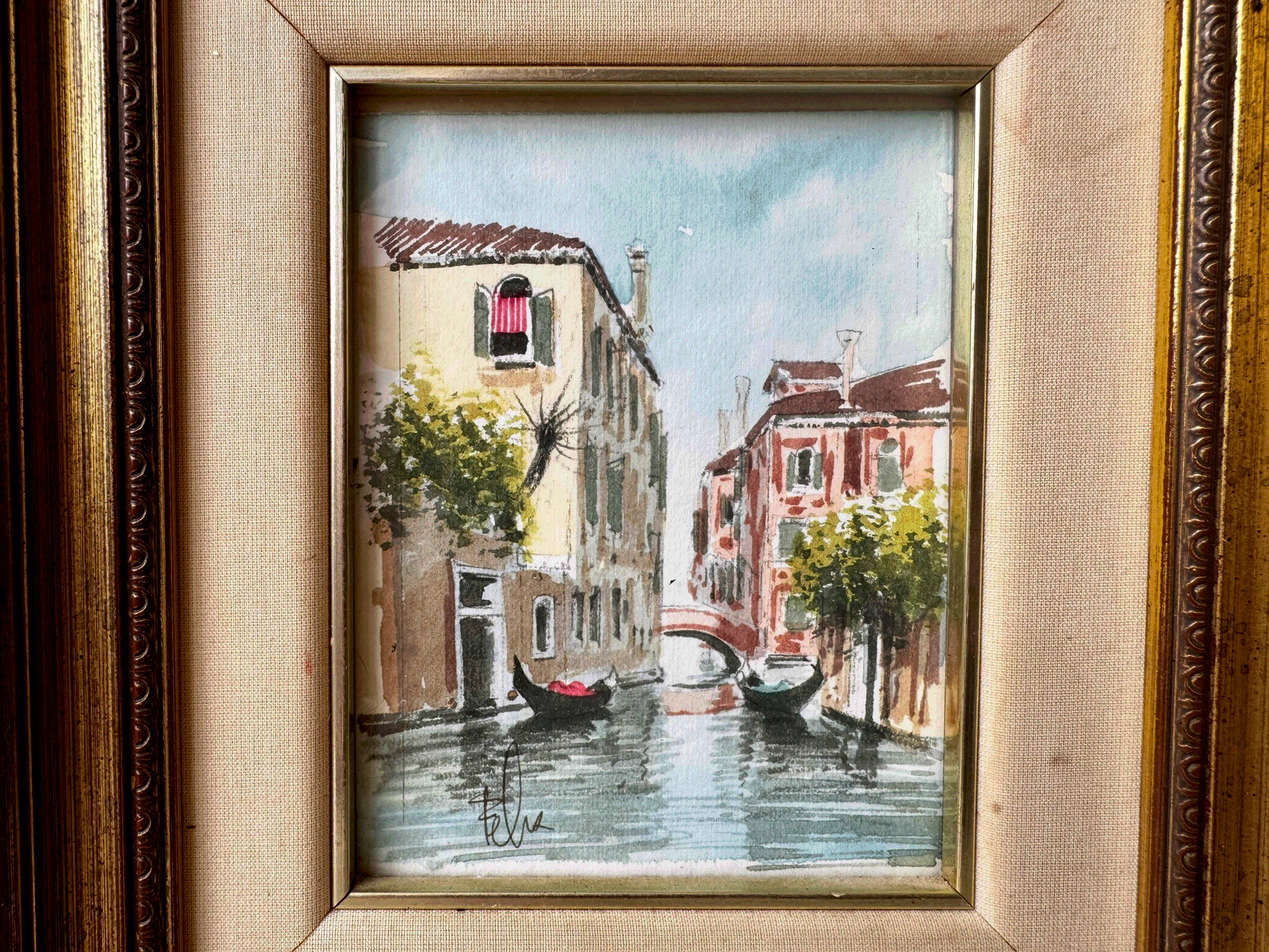 antique vintage signed watercolour painting gilt frame venice canal street scene