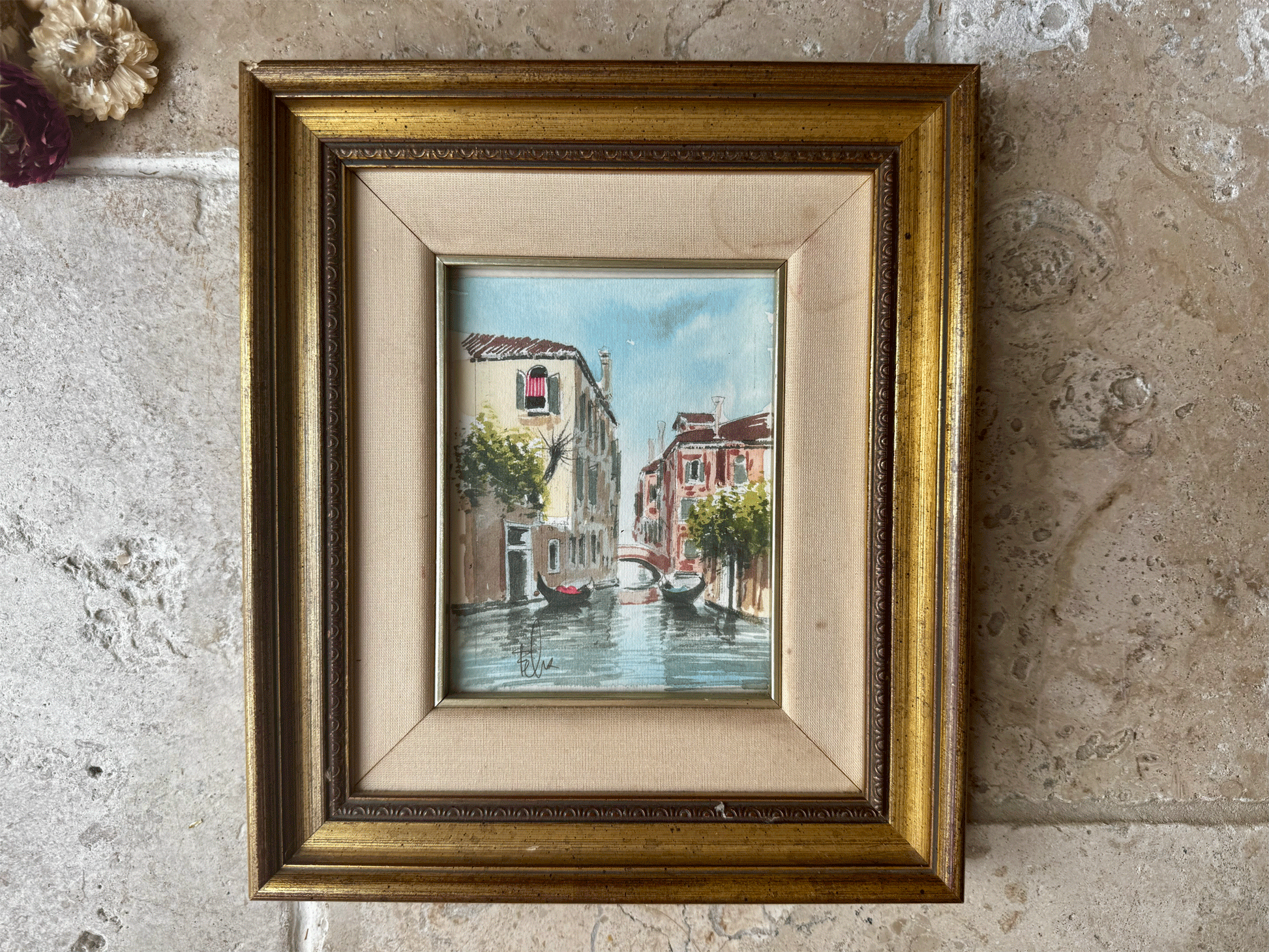 antique vintage signed watercolour painting gilt frame venice canal street scene