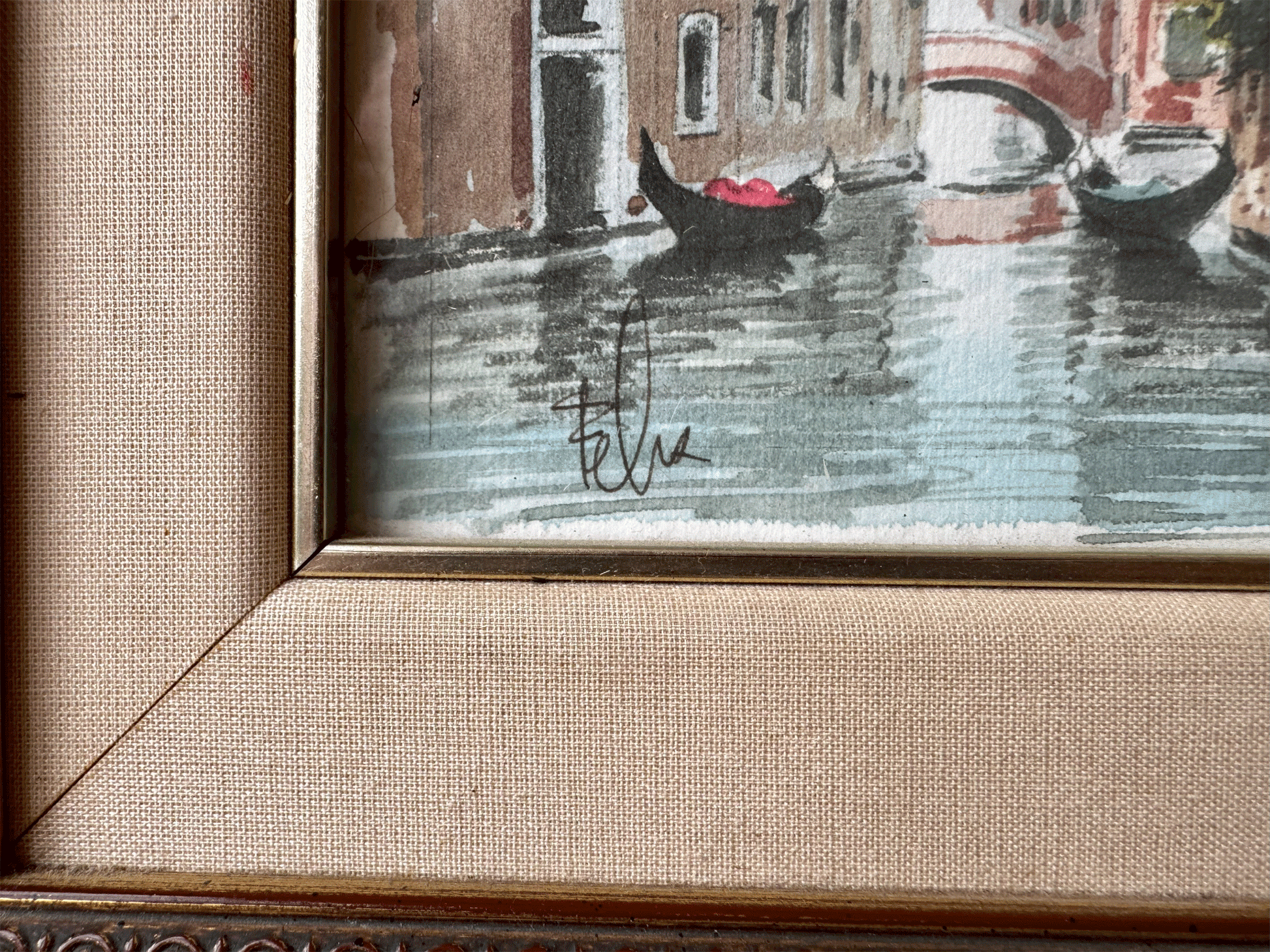 antique vintage signed watercolour painting gilt frame venice canal street scene