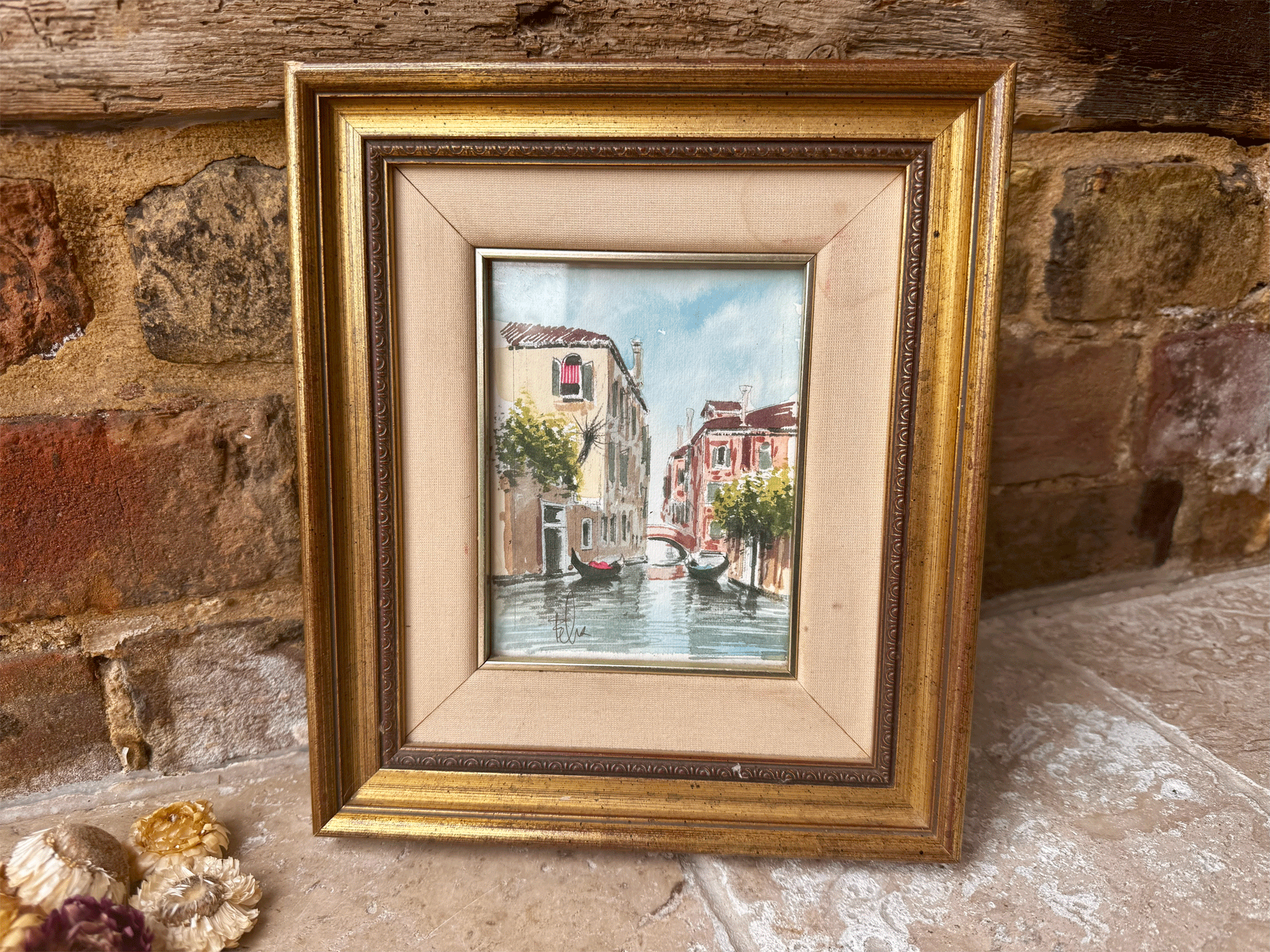 antique vintage signed watercolour painting gilt frame venice canal street scene