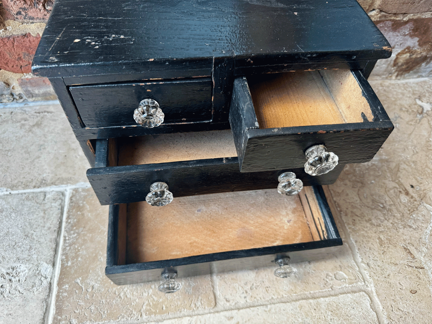 vintage small bank chest drawers tabletop desk tidy black shabby chic timeworn interior decor
