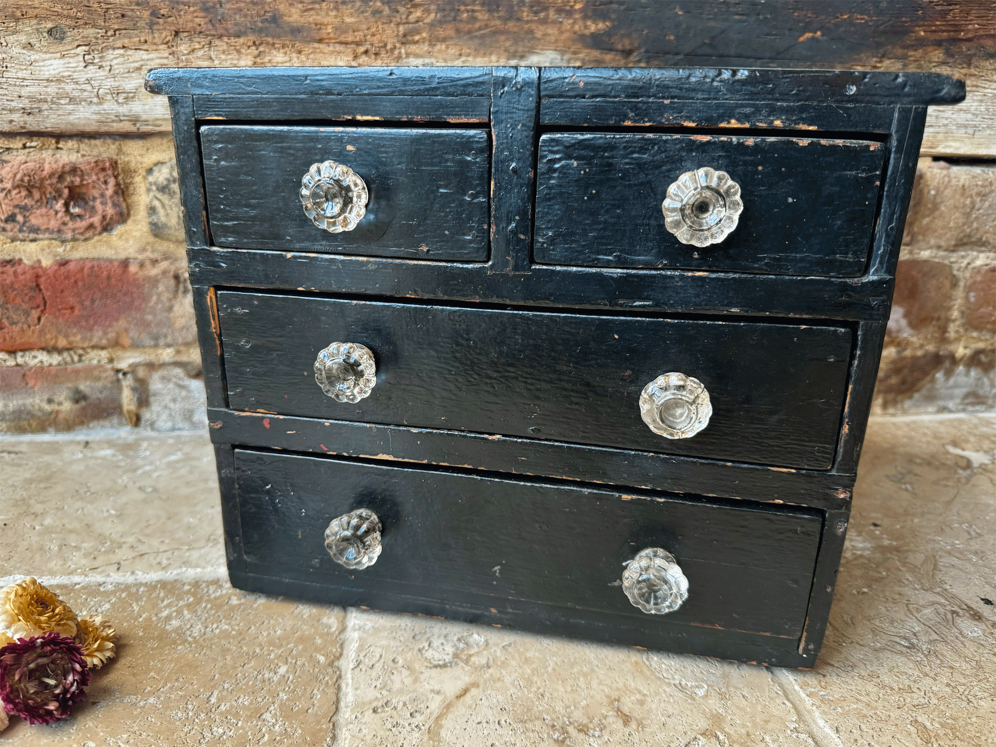 vintage small bank chest drawers tabletop desk tidy black shabby chic timeworn interior decor