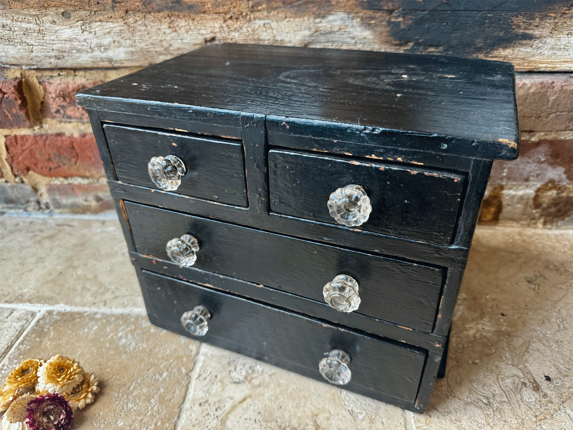 vintage small bank chest drawers tabletop desk tidy black shabby chic timeworn interior decor
