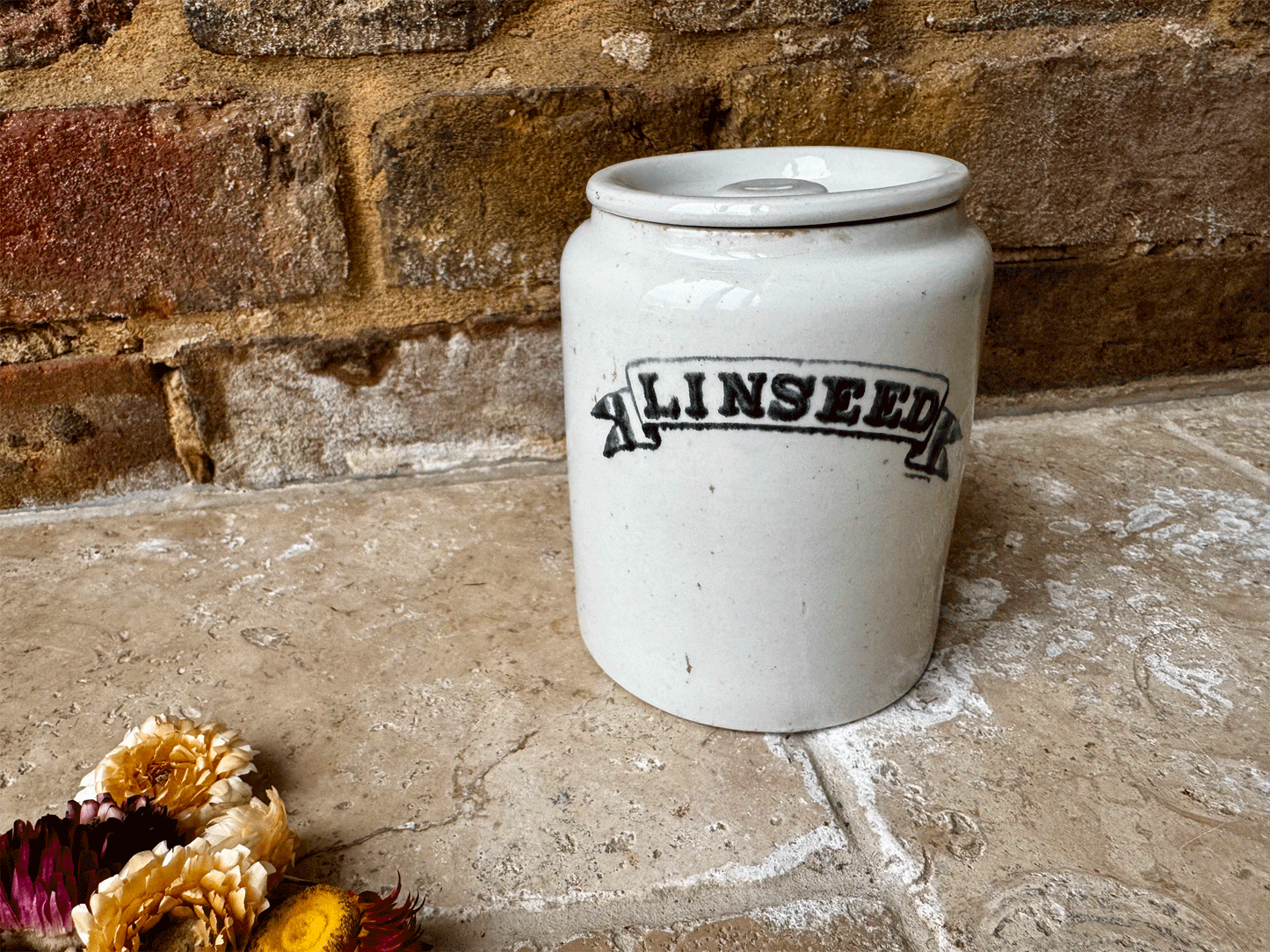 rare antique edwardian white ironstone kitchen storage jar canister black undergalze label linseed