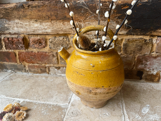 ntique french yellow glaze terracotta stoneware provencal confit pot jar pouring spout