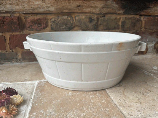 rare antique 1920s belgian boch les freres la louviere extra large barrel banded white ironstone butter dairy bowl