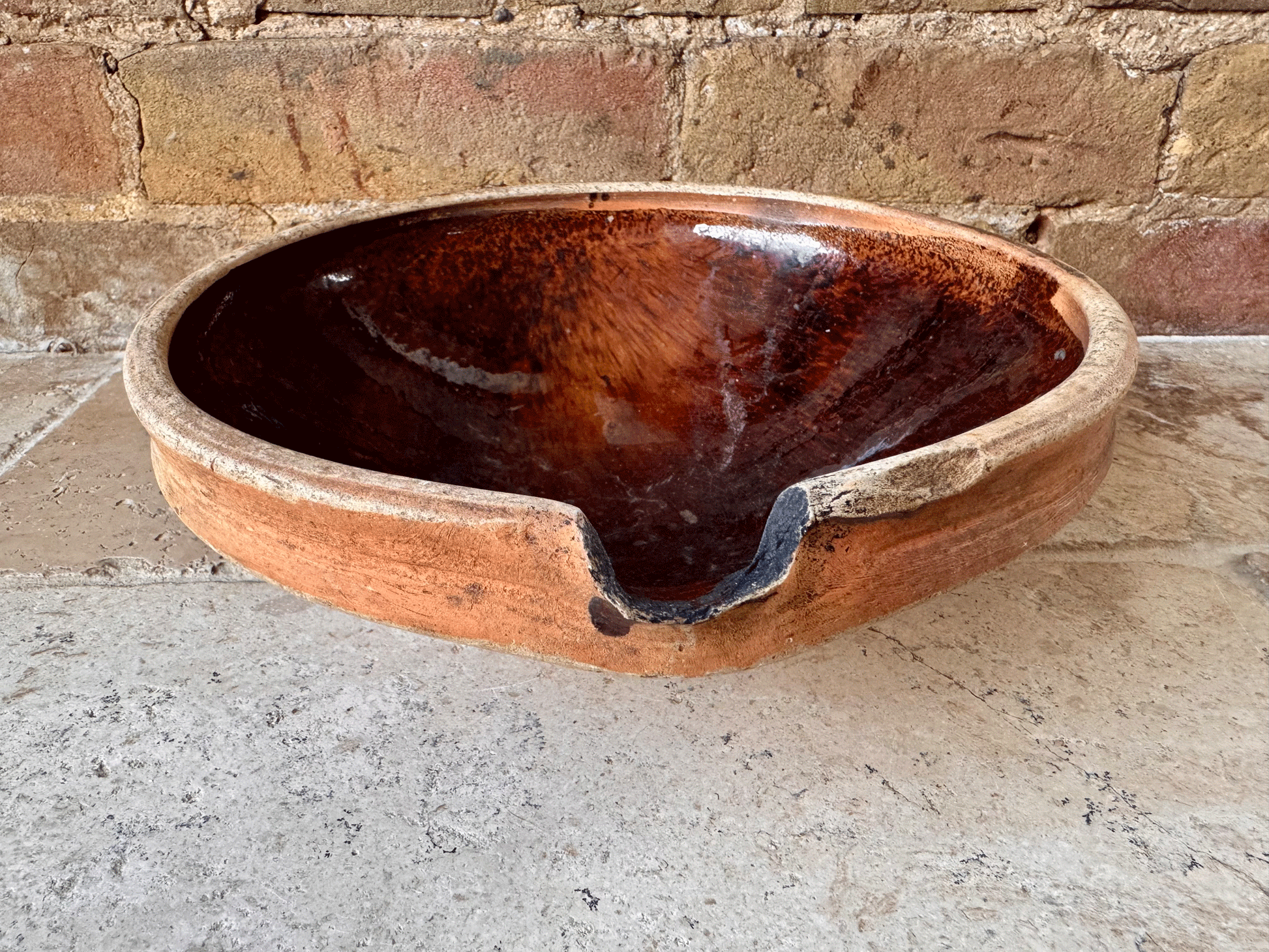 antique belgian decorative pancheon dark brown glazed tian dairy mixing bowl milk pan terracotta