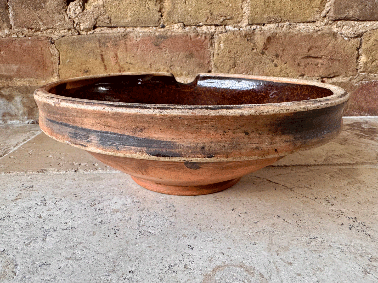 antique belgian decorative pancheon dark brown glazed tian dairy mixing bowl milk pan terracotta