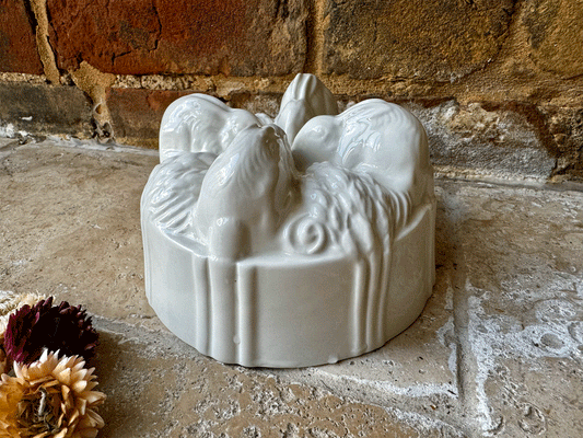 vintage mid century burleigh white ironstone rabbit party bunnies jelly mould