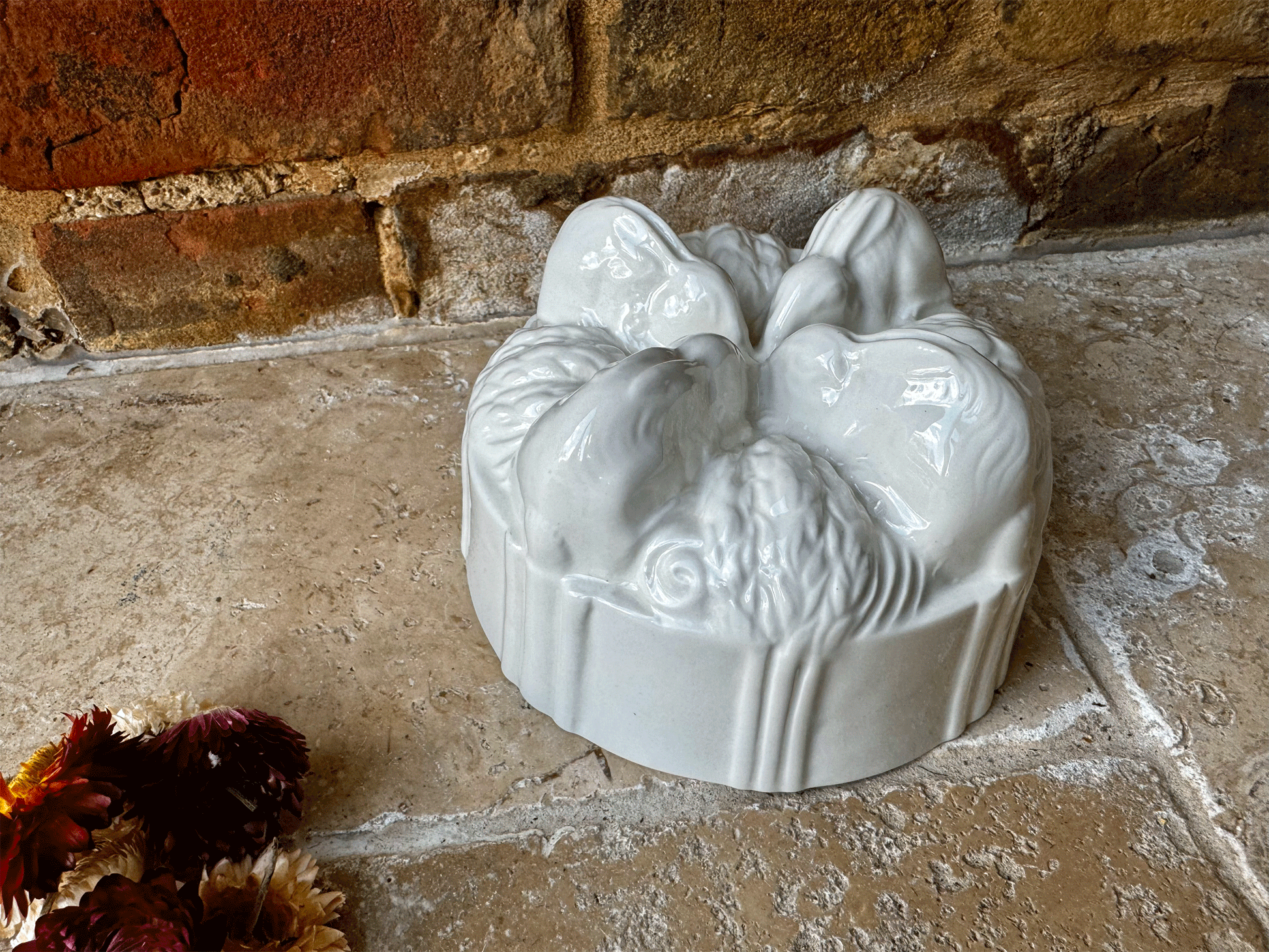 vintage mid century burleigh white ironstone rabbit party bunnies jelly mould