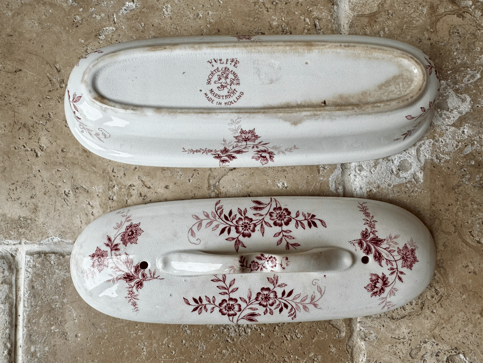 antique dutch societe ceramique pink transferware ironstone razor soap trinket lidded dish
