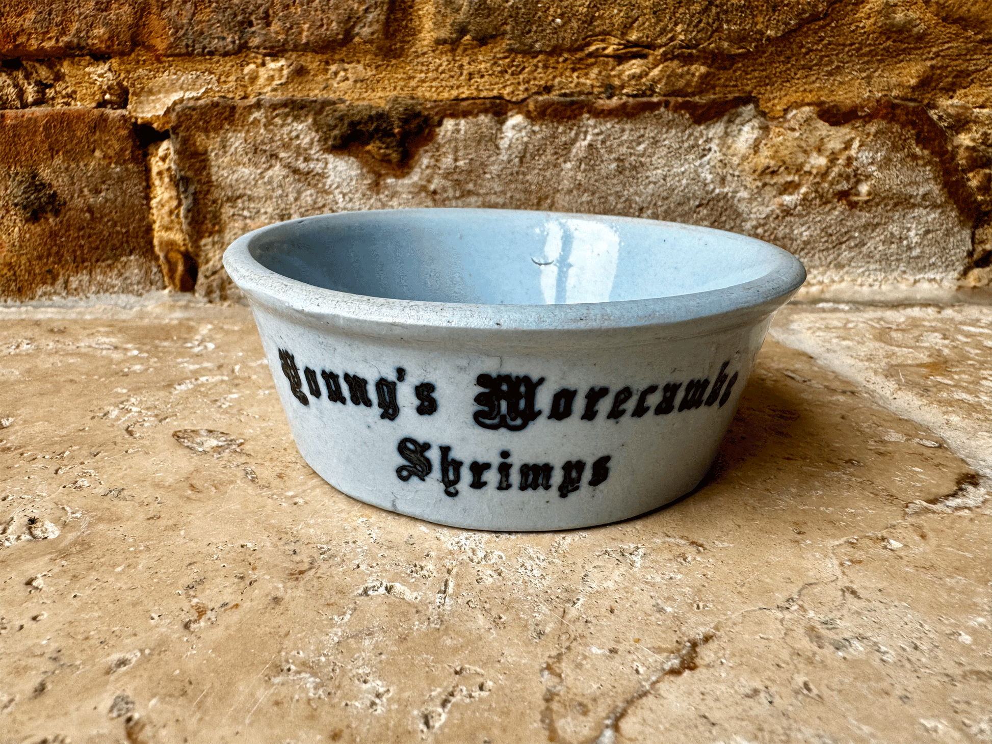 rare antique victorian blue ironstone english advertising pot youngs morecambe shrimps