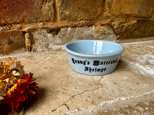 rare antique victorian blue ironstone english advertising pot youngs morecambe shrimps