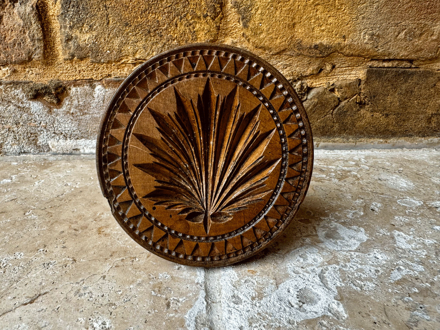 antique edwardian large deeply carved treen wooden butter stamp shell star