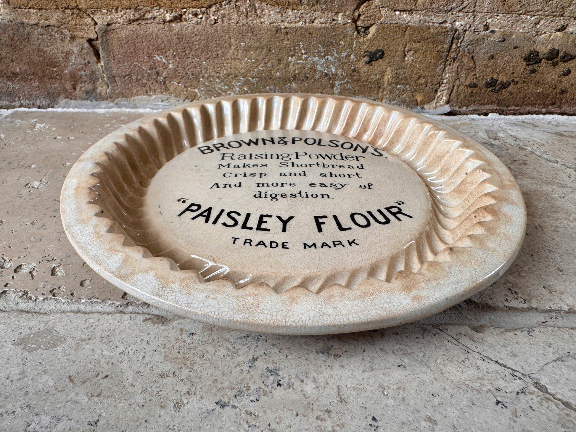 antique edwardian white ironstone stained brown polson paisley flour advertising shortbread mould