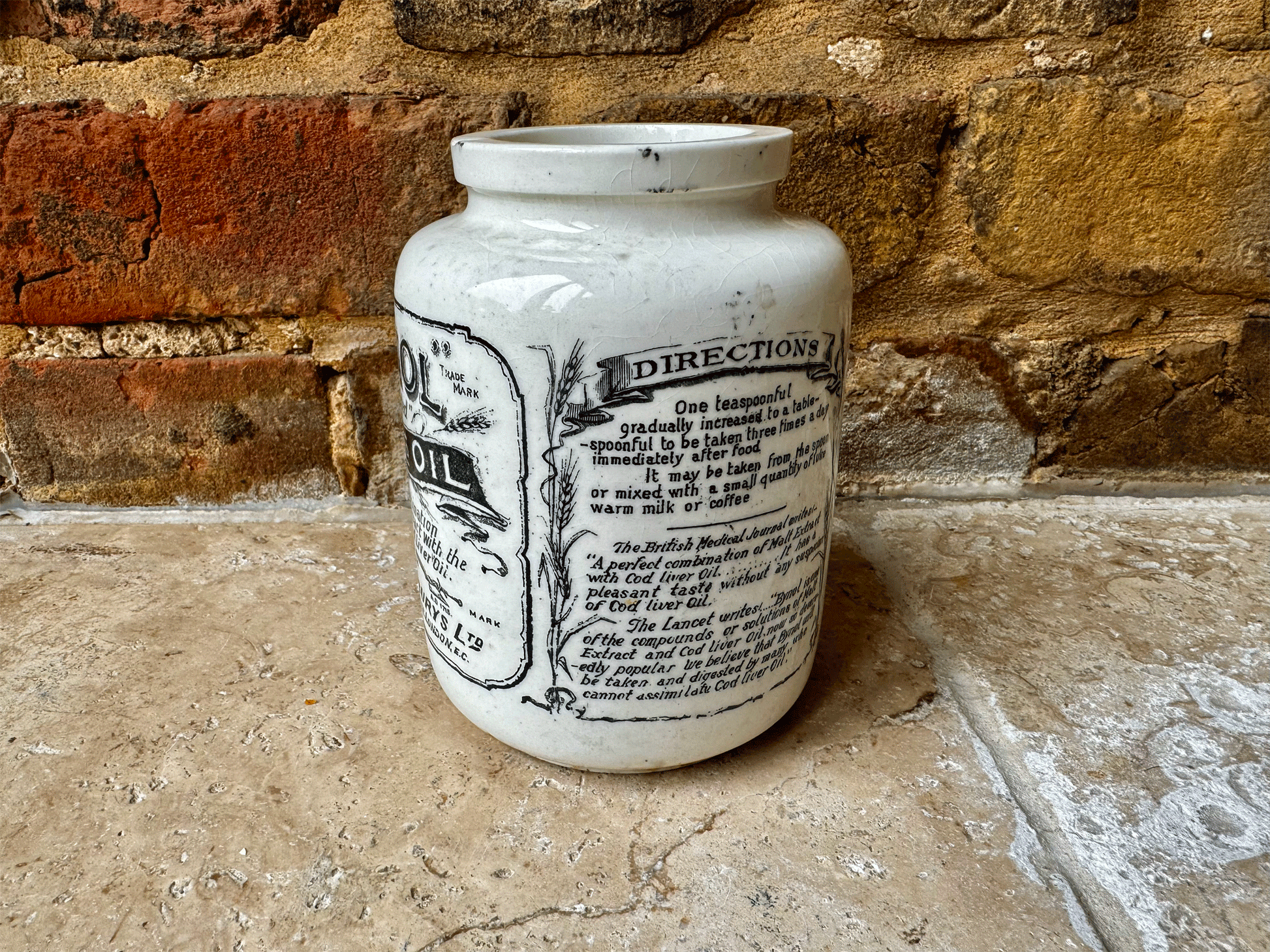 antique victorian rare large allen hanbury bynol malt oil extract ironstone english advertising pot