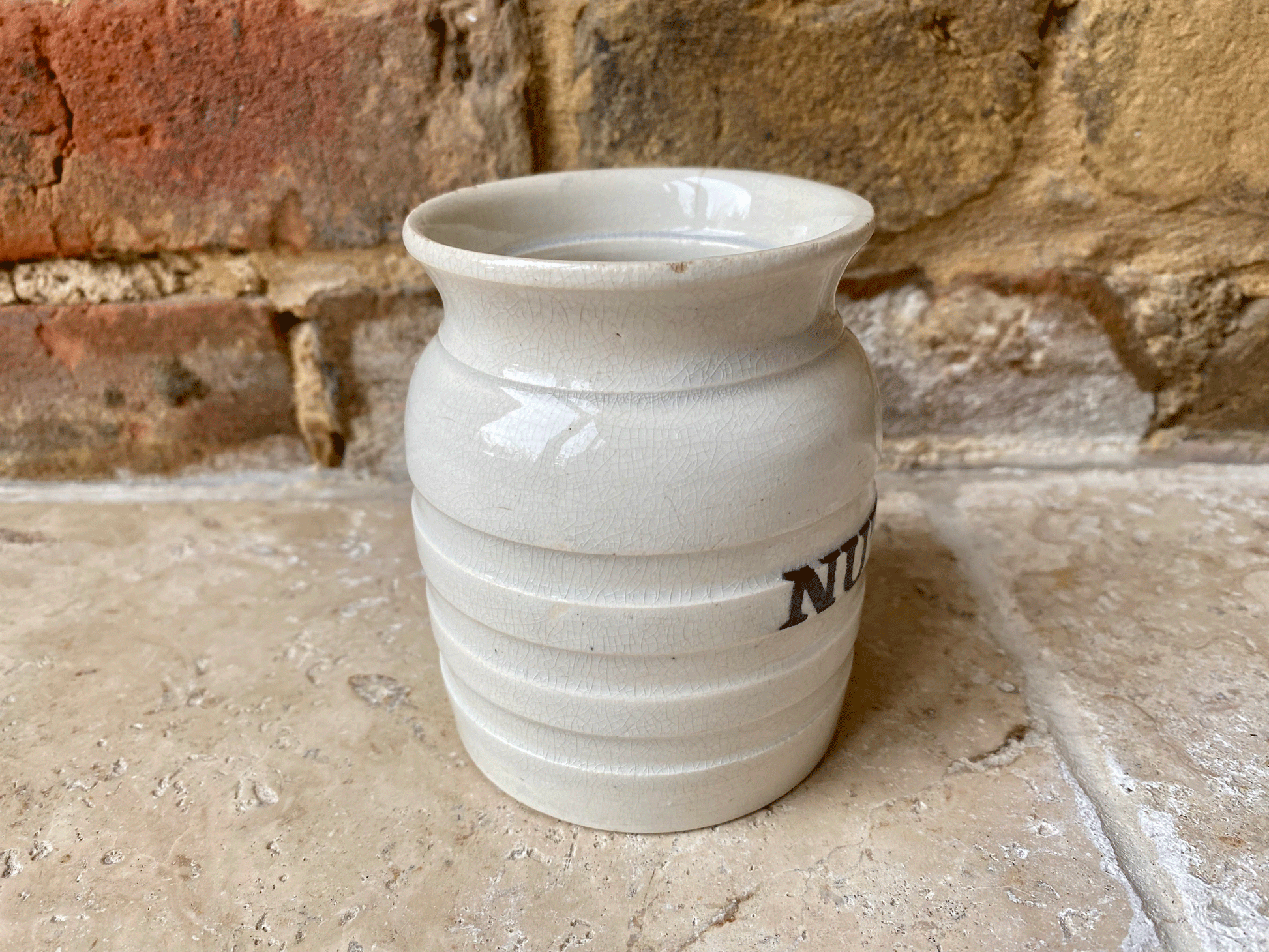 rare antique edwardian white ironstone banded kitchen storage jar canister nutmegs