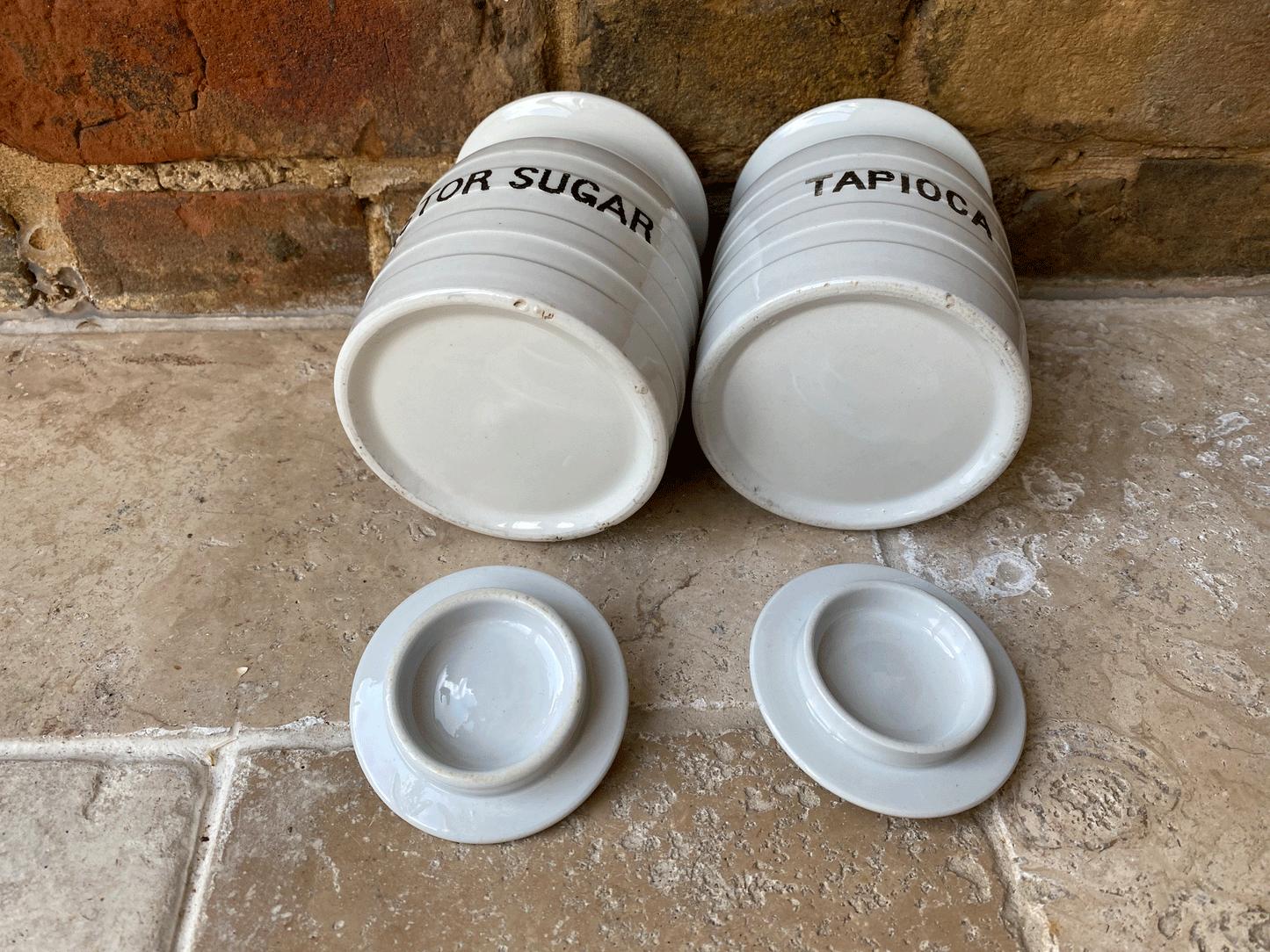 rare small edwardian antique banded white ironstone english kitchen storage jar tapioca castor sugar