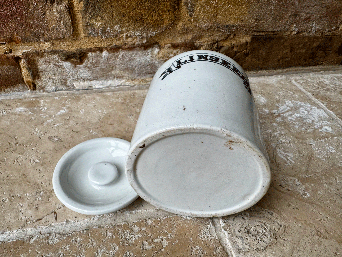 rare antique edwardian white ironstone kitchen storage jar canister black undergalze label linseed