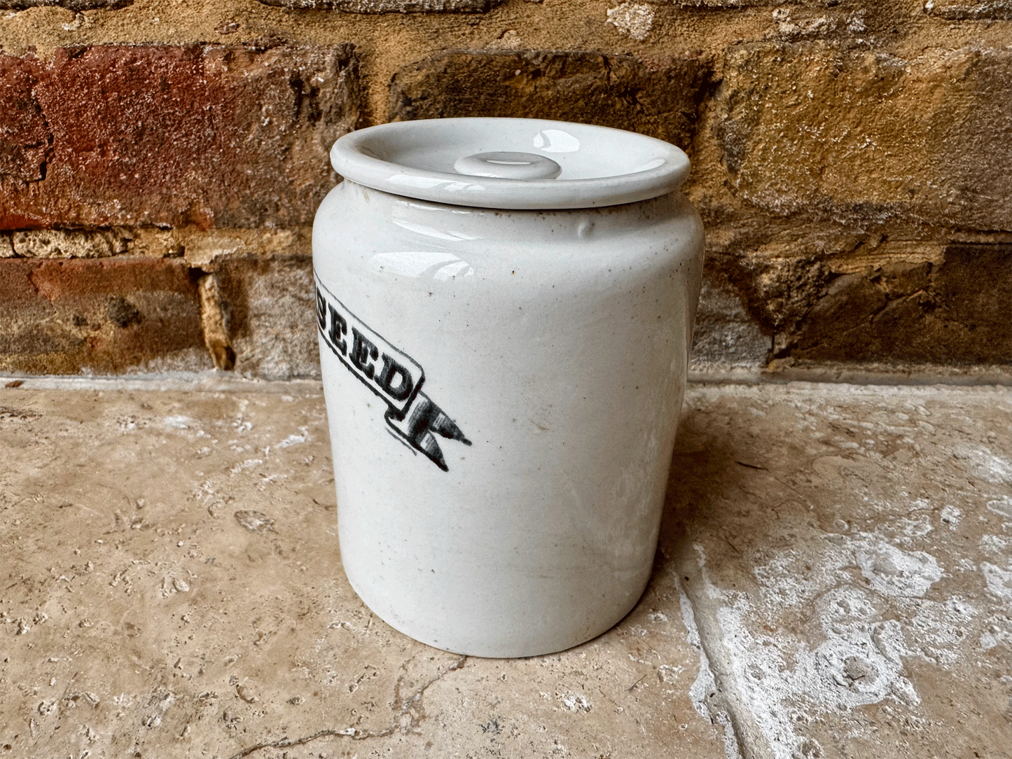 rare antique edwardian white ironstone kitchen storage jar canister black undergalze label linseed