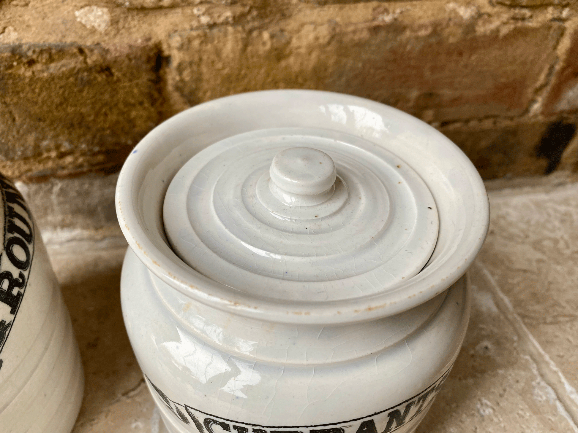 antique edwardian banded white ironstone kitchen storage jar ribbon banner currants ground rice