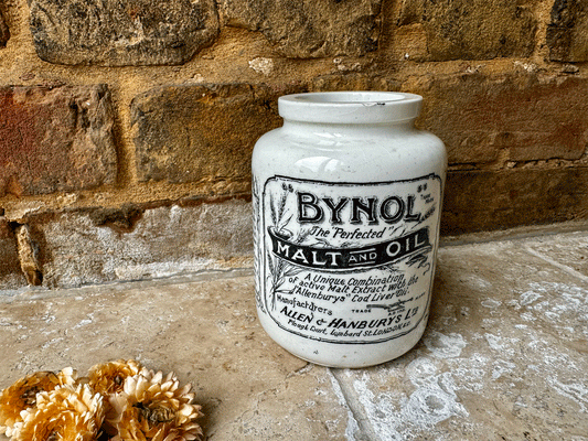 antique victorian rare large allen hanbury bynol malt oil extract ironstone english advertising pot