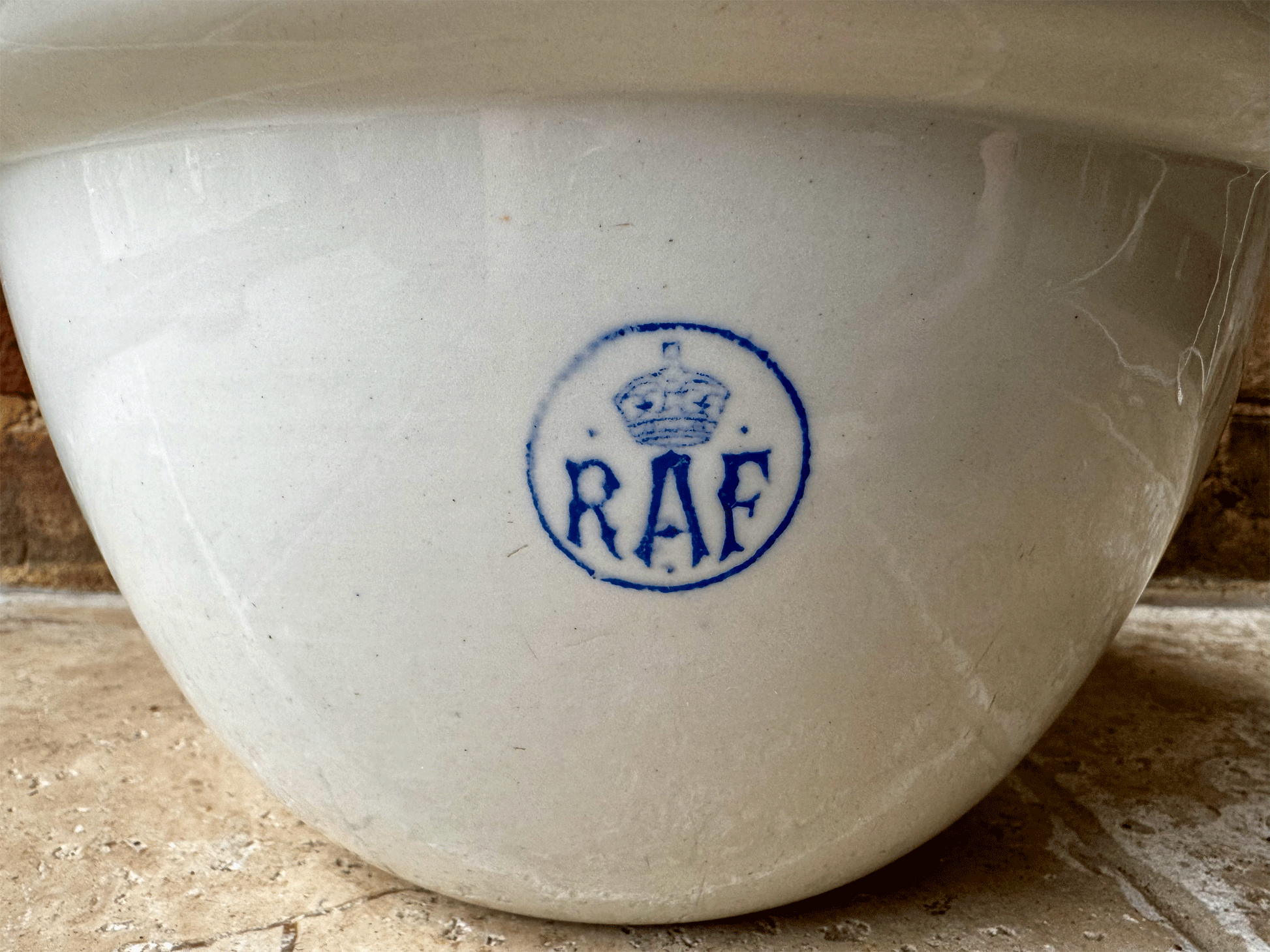 antique white ironstone pudding mixing bowl ashworth bros blue raf logo tableware