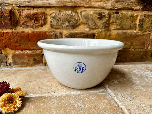 antique white ironstone pudding mixing bowl ashworth bros blue raf logo tableware