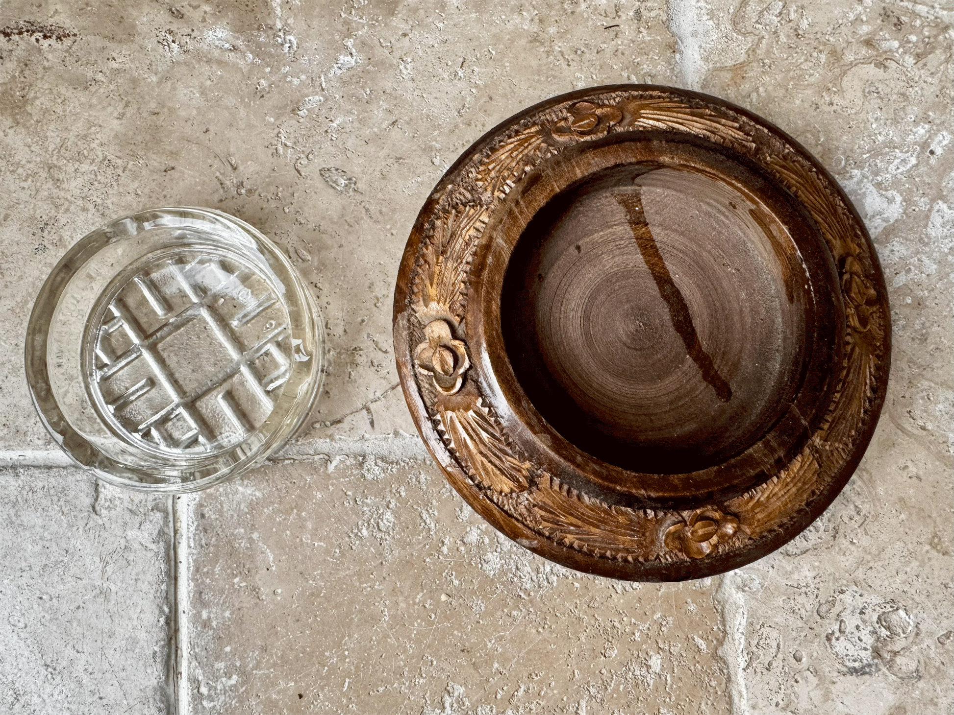 antique deeply carved english wooden treen butter board dish rosettes foliage