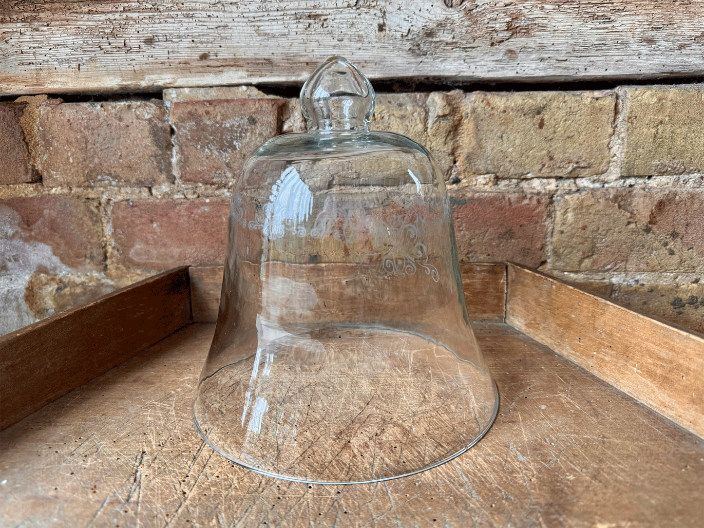 antique english decorative glass cloche ome etched scrollwork leur de lys