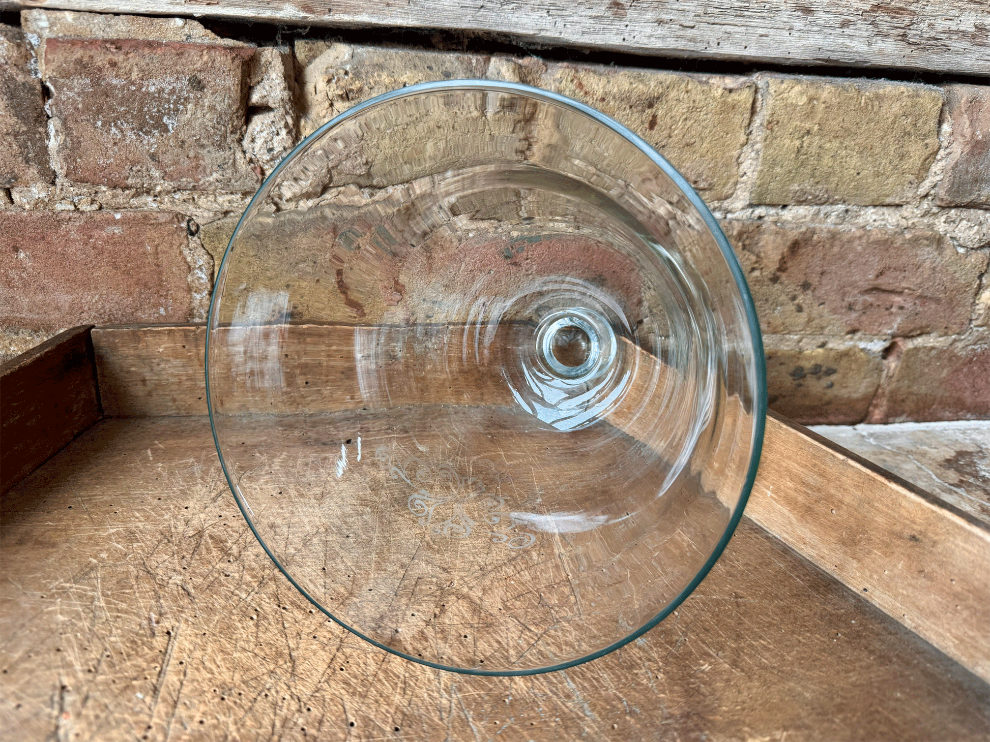 antique english decorative glass cloche ome etched scrollwork leur de lys