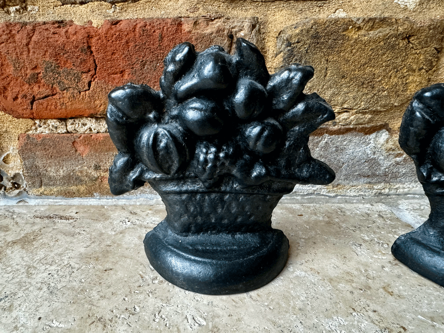 antique english early 20th century cast iron door stop fruit basket