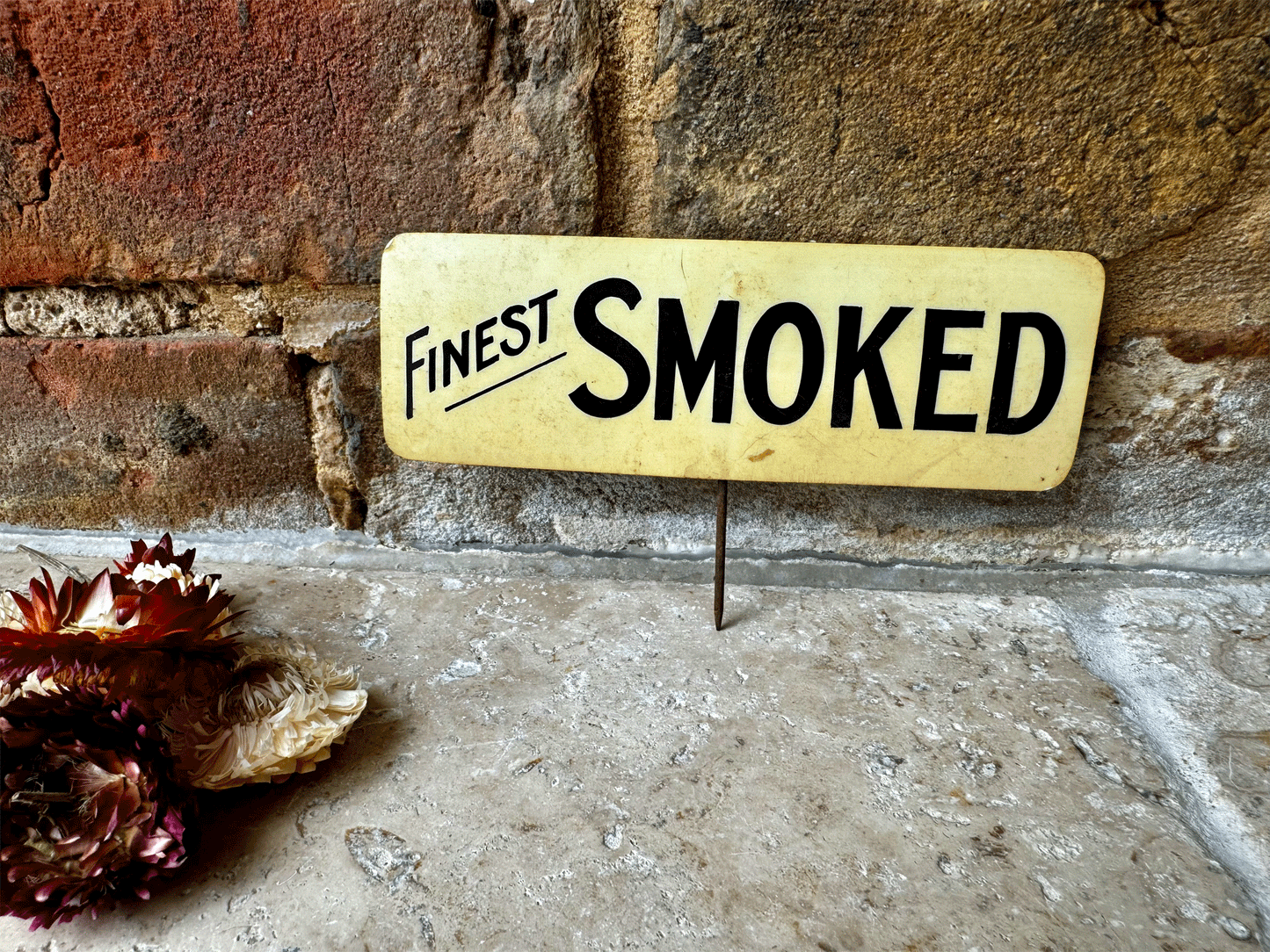 antique english grocers shop advertising price sign spike finest smoked