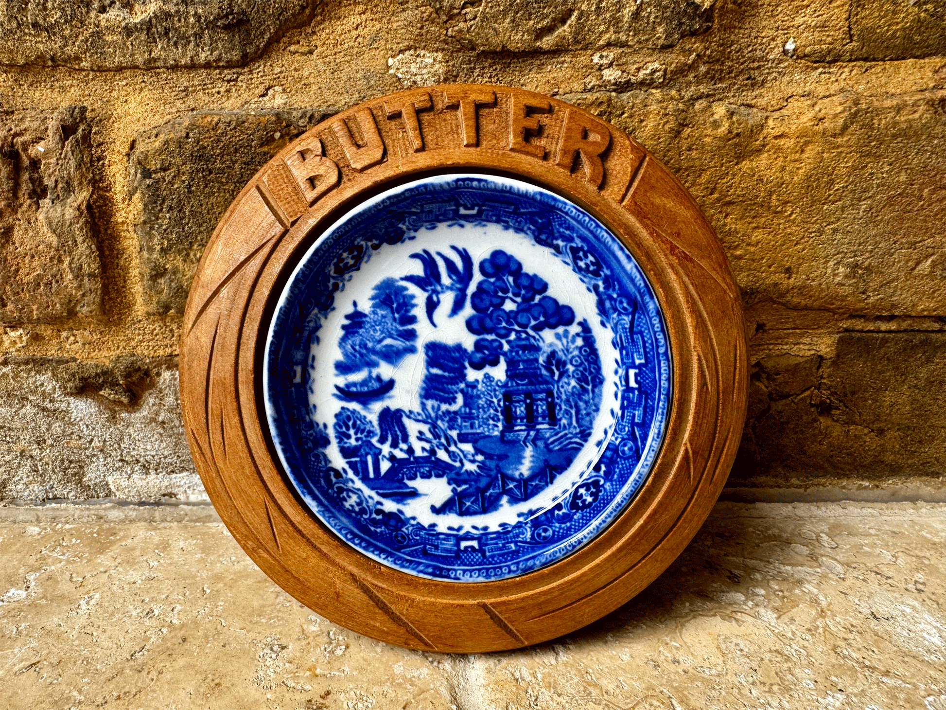 antique english carved wooden treen butter dish willow liner pat