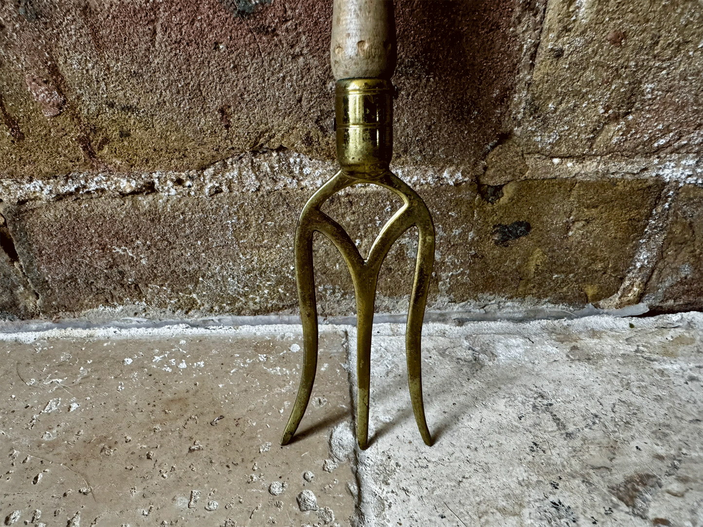rare antique english carved wooden treen bread fork brass kitchen utensil