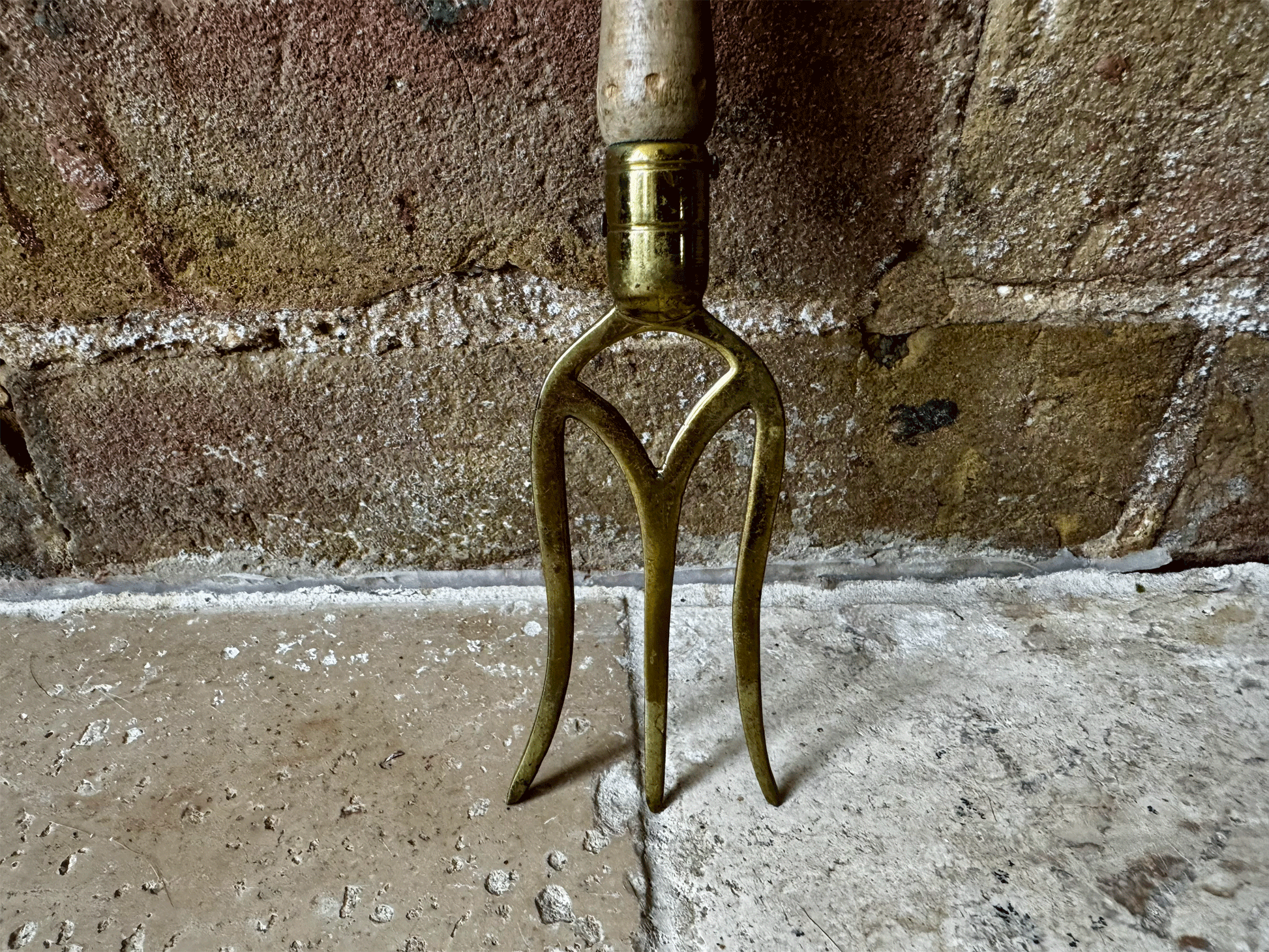 rare antique english carved wooden treen bread fork brass kitchen utensil