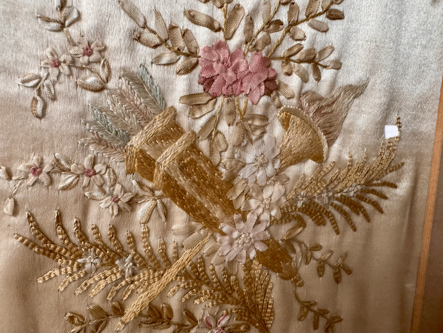 antique english gilt framed silk embroidery flowers florals torch flames liberty 