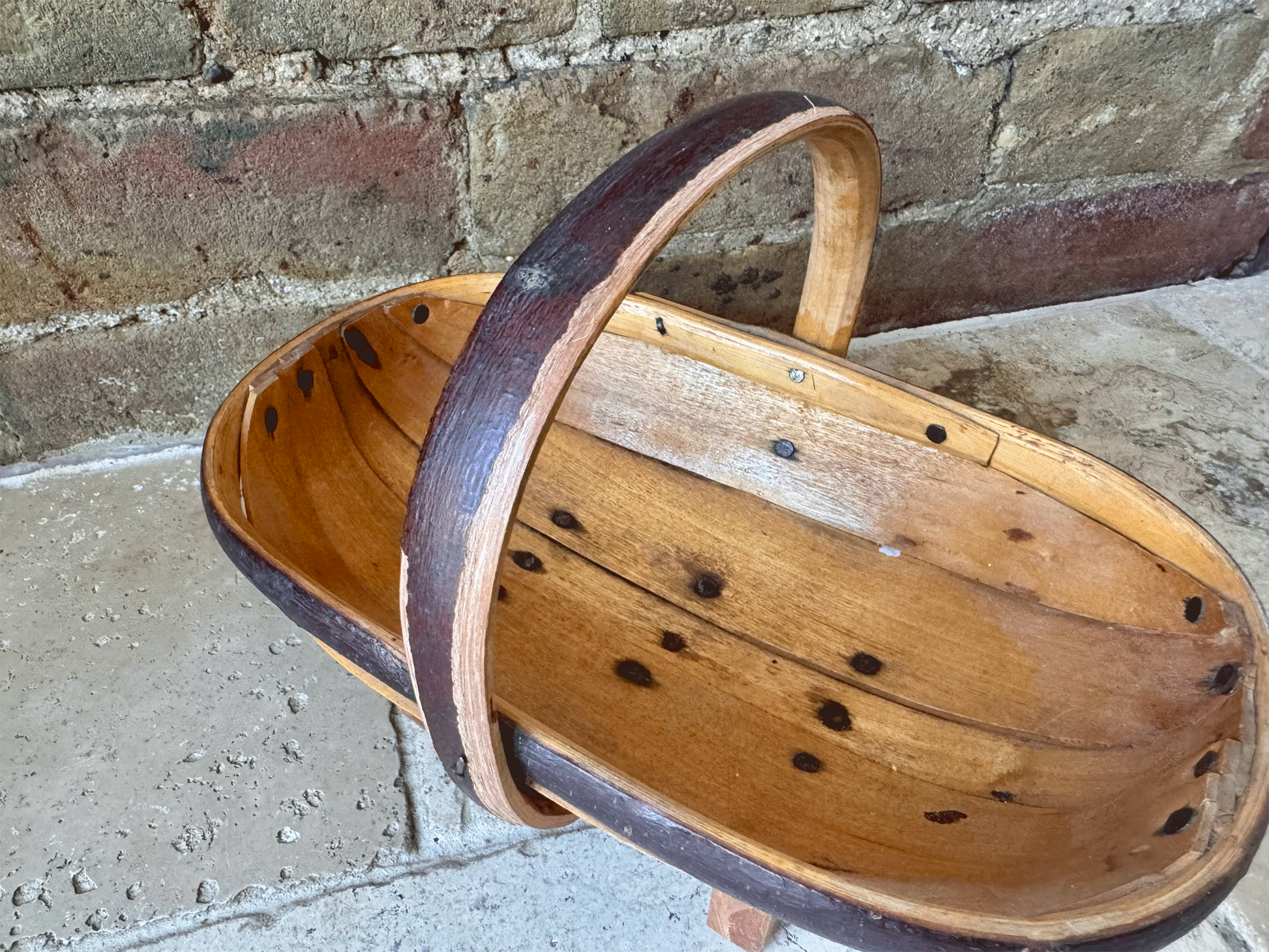 small antique english bentwood wooden sussex trug gardenalia vegetables flower basket