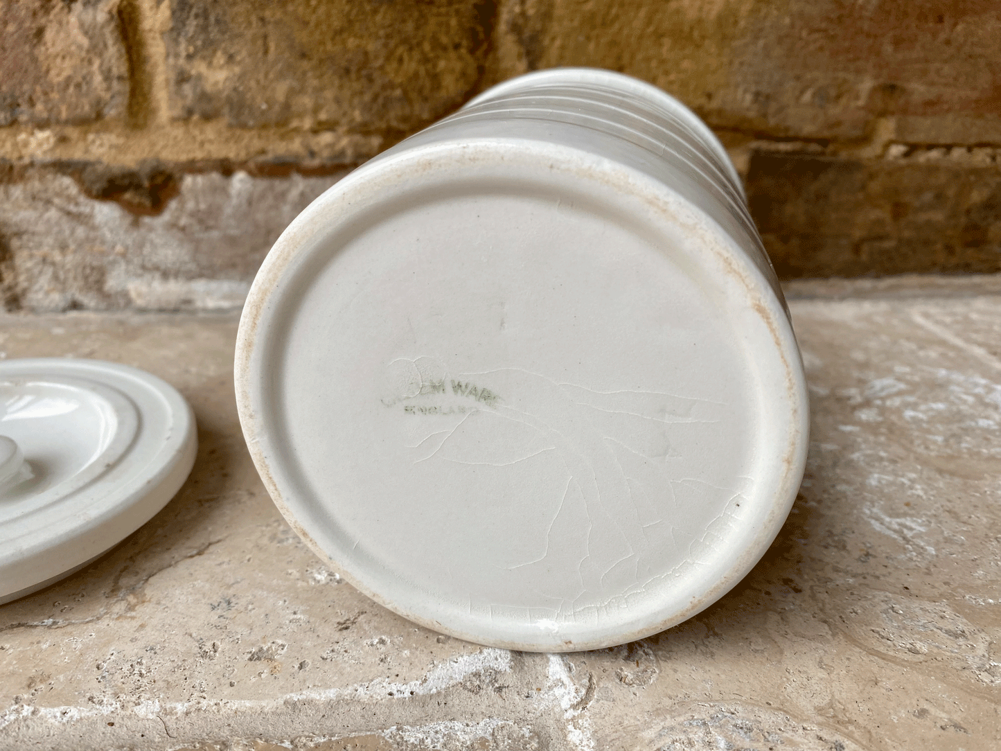 antique early 20th century english maling cetem ware plain banded white ironstone storage jar
