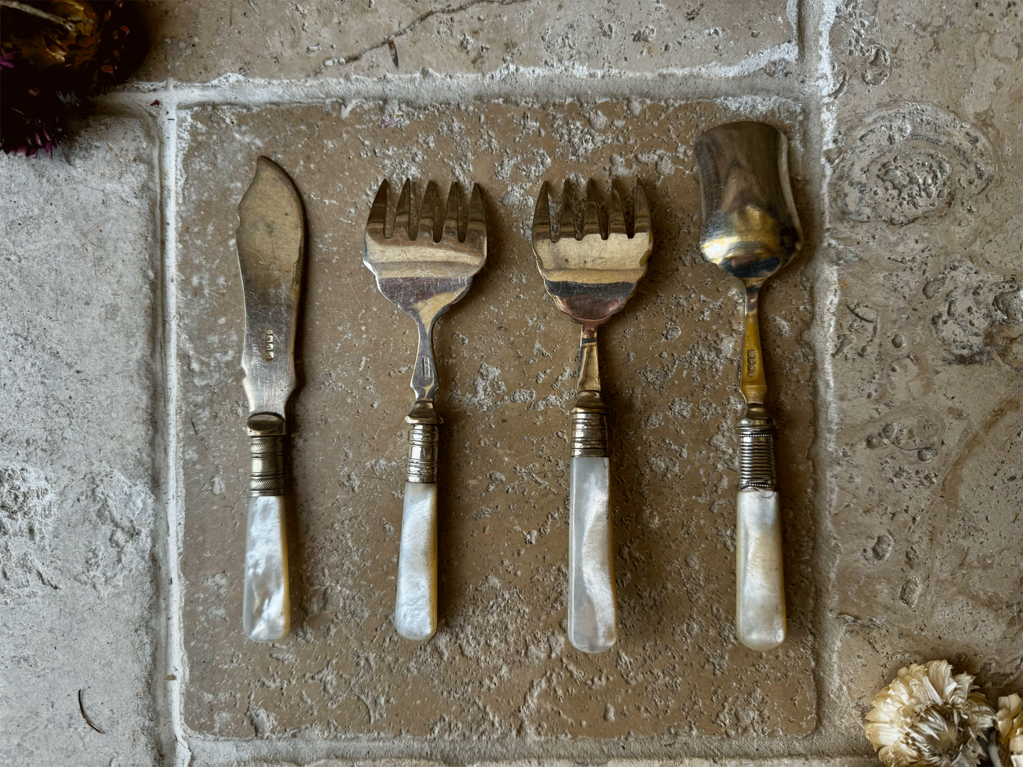 antique english mother pearl cutlery sardine tomato fork butter knife sugar spoon