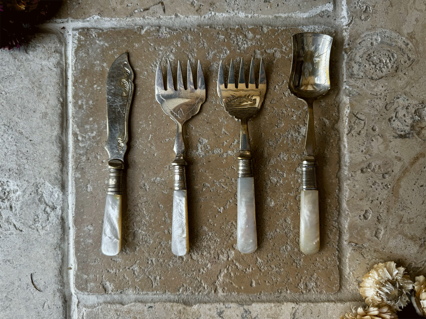 antique english mother pearl cutlery sardine tomato fork butter knife sugar spoon