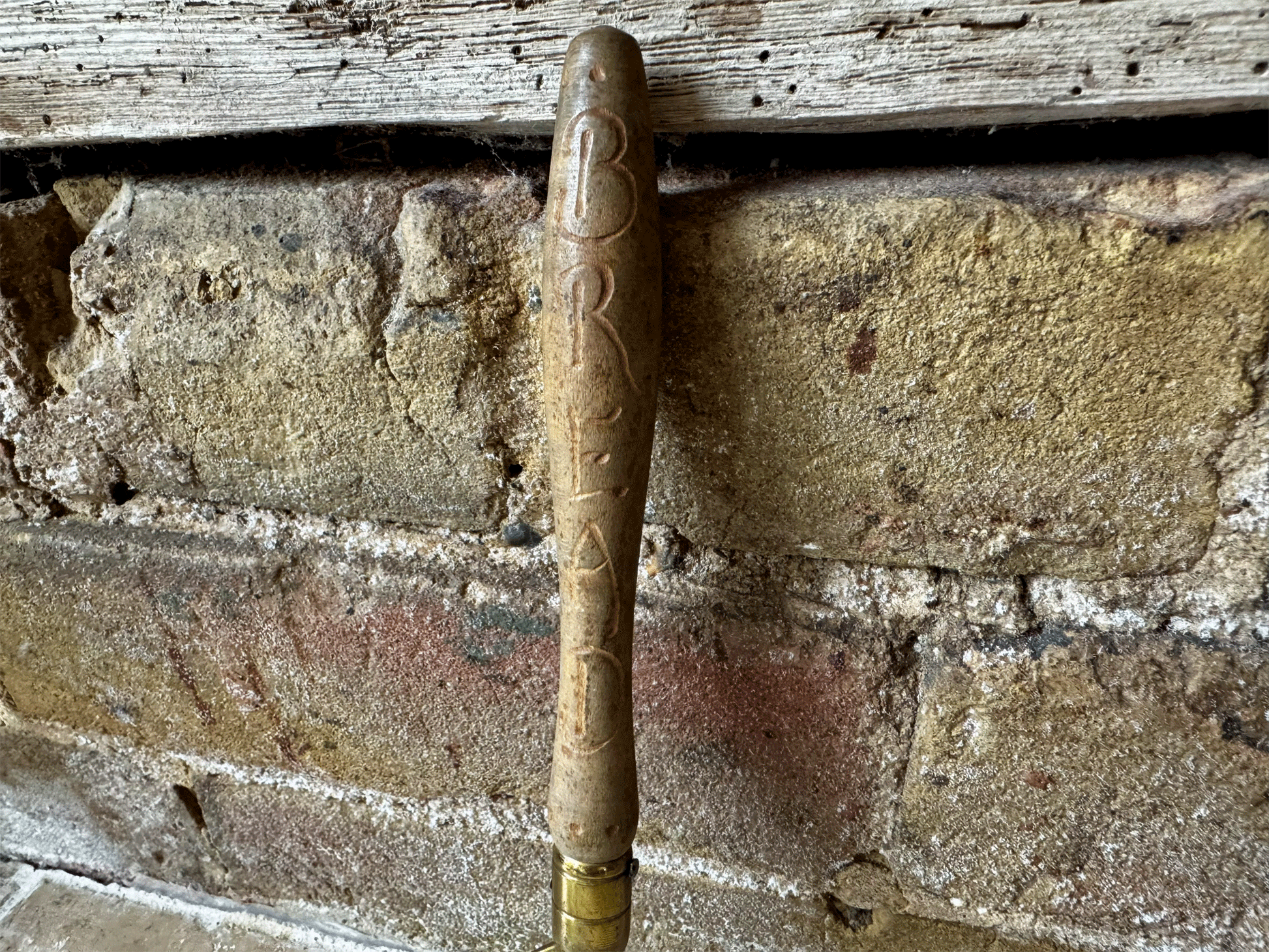 rare antique english carved wooden treen bread fork brass kitchen utensil