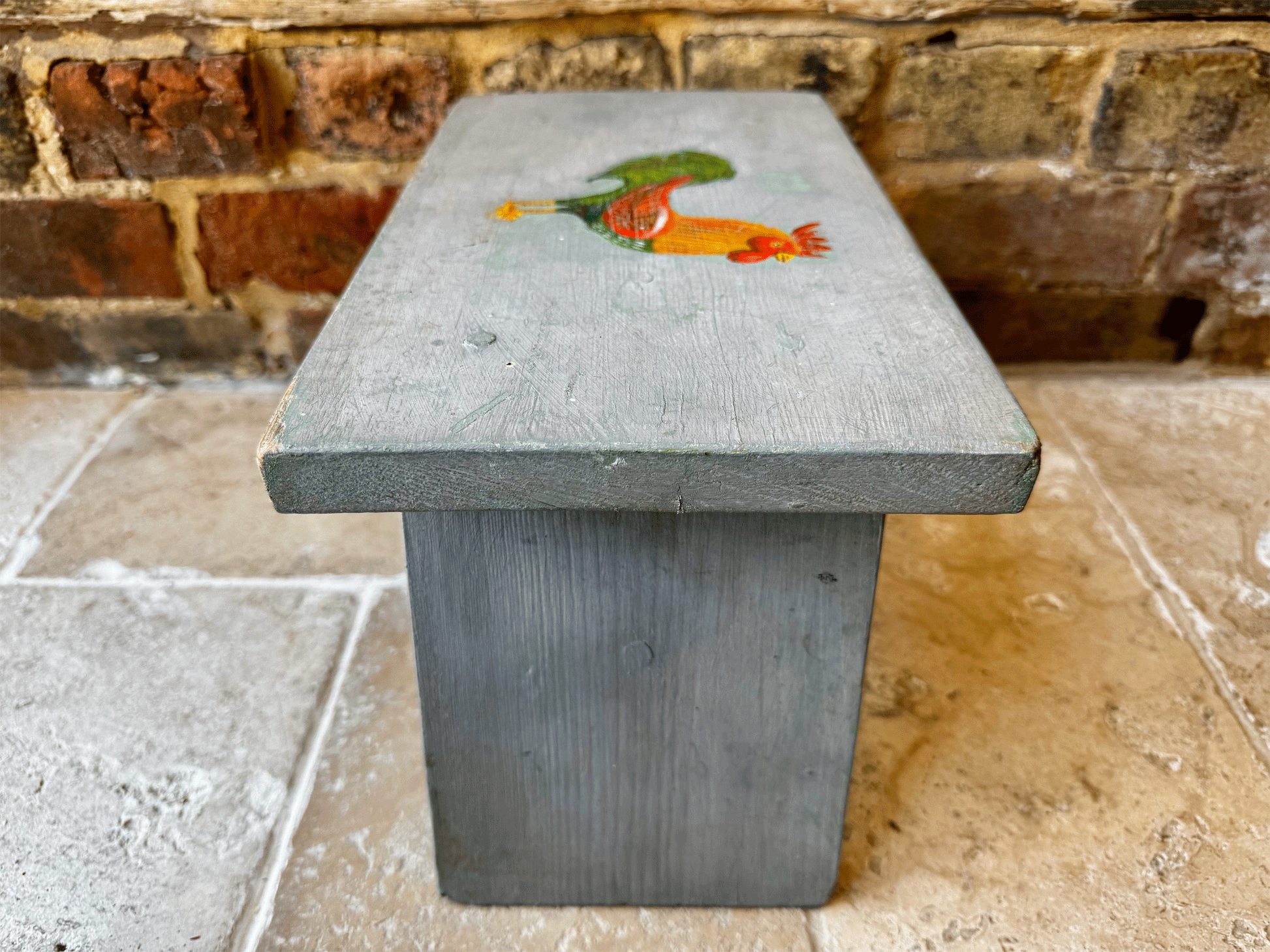 vintage english rustic farmhouse style shabby chic hand painted foot stool chicken rooster