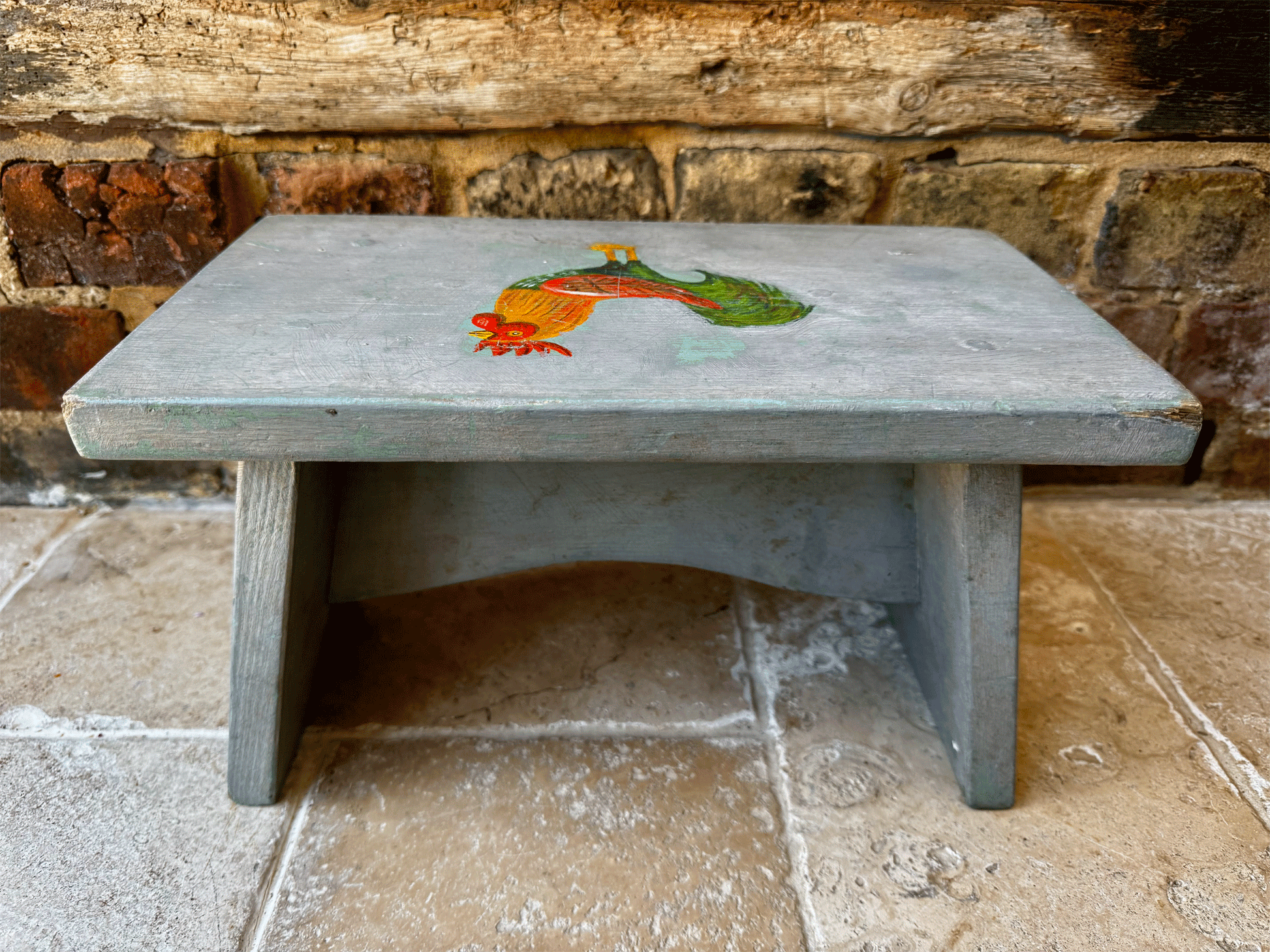vintage english rustic farmhouse style shabby chic hand painted foot stool chicken rooster