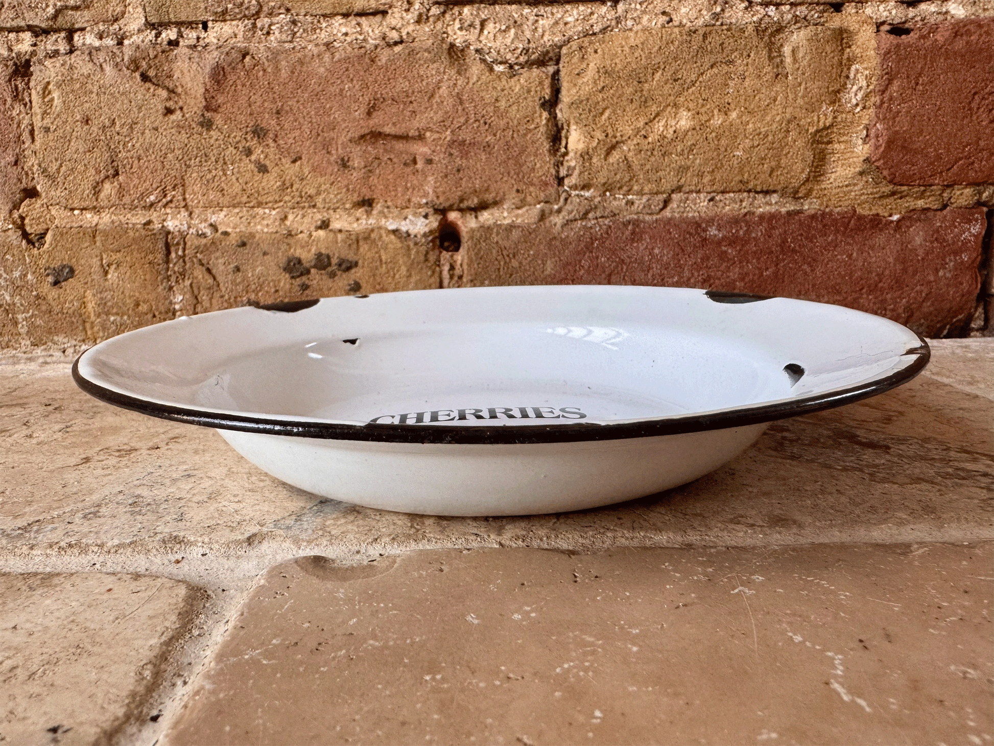 rare antique vintage english kitchenalia enamel bowl lack typography cherries label